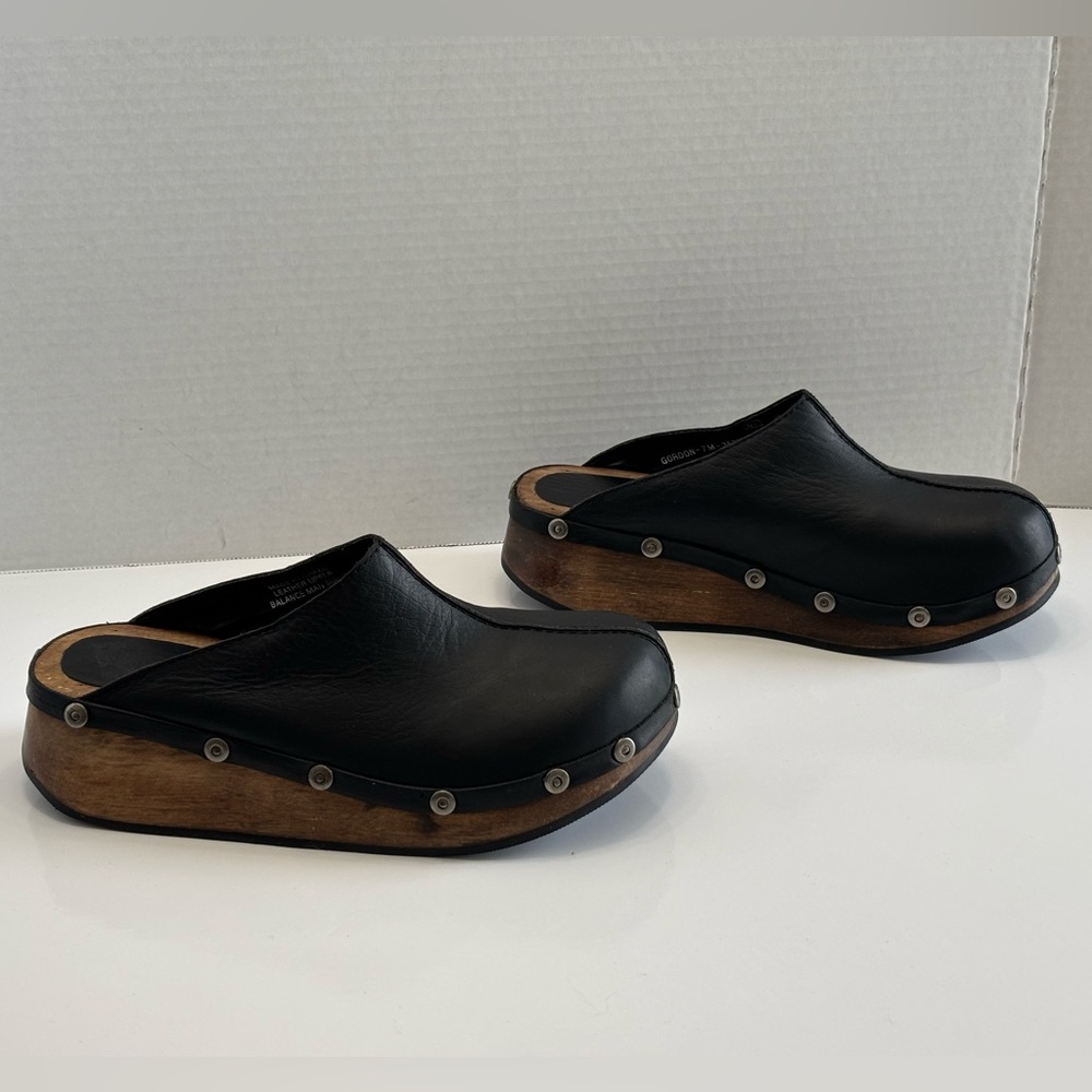 Rare Canyon River Blues Gordon Womens 7M Black Leather Wooden Sole Comfort Clogs - Picture 14 of 16